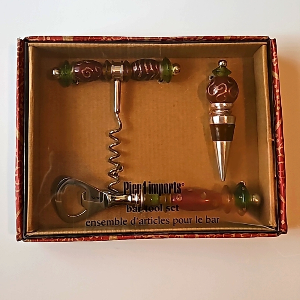 Vintage Pier 1 Imports Handmade Glass 3 Piece Bar Tools Set